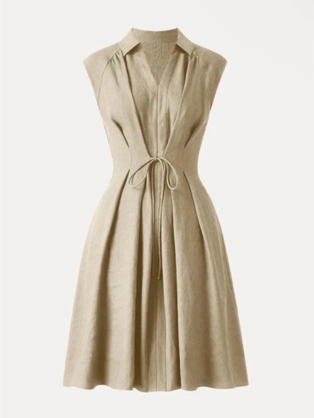 OGL Beige Sleeveless Midi linen Dress with Tie Waist